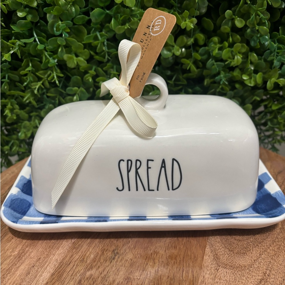 Rae Dunn NWT “SPREAD “ White Ceramic Butter Dish with Blue Checkered Tray